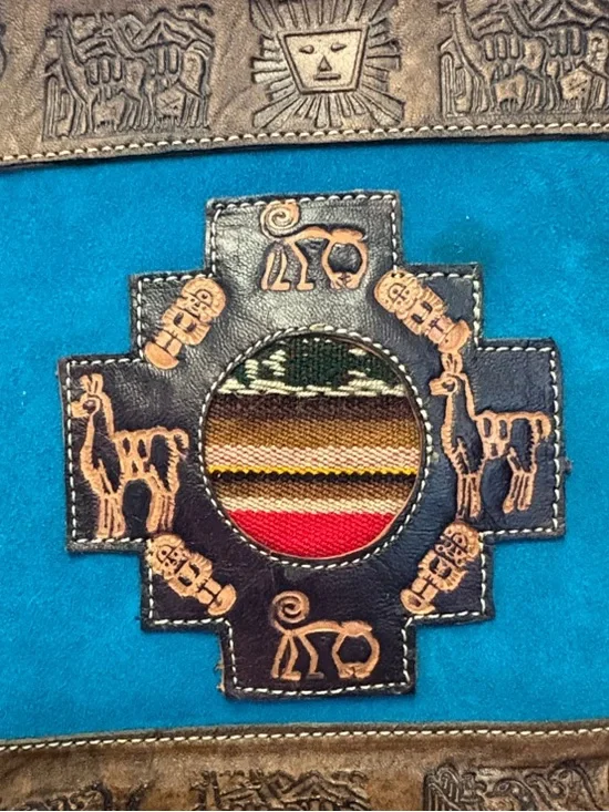 Handcrafted Peruvian Handcrafted Turquoise & Brown Embossed Crossbody Bag - Picture 5 of 12